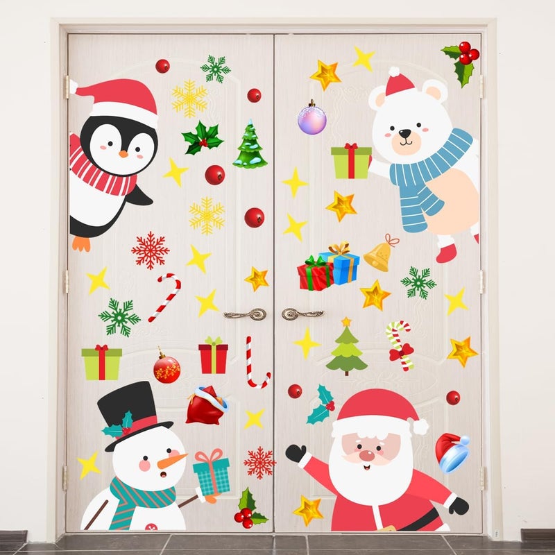 Demonwer 35.4x11.8 Inch Large Christmas Door Stickers Decor Removable Penuins Santa Claus Snowman Cute Penguin Bear Snowflake Decal for Window Door Refrigerator Home Bedroom Festival Party Decorations - Image 1